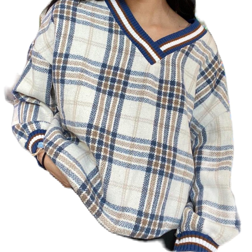 KS be your style Plaid V-Neck Oversized Sweater